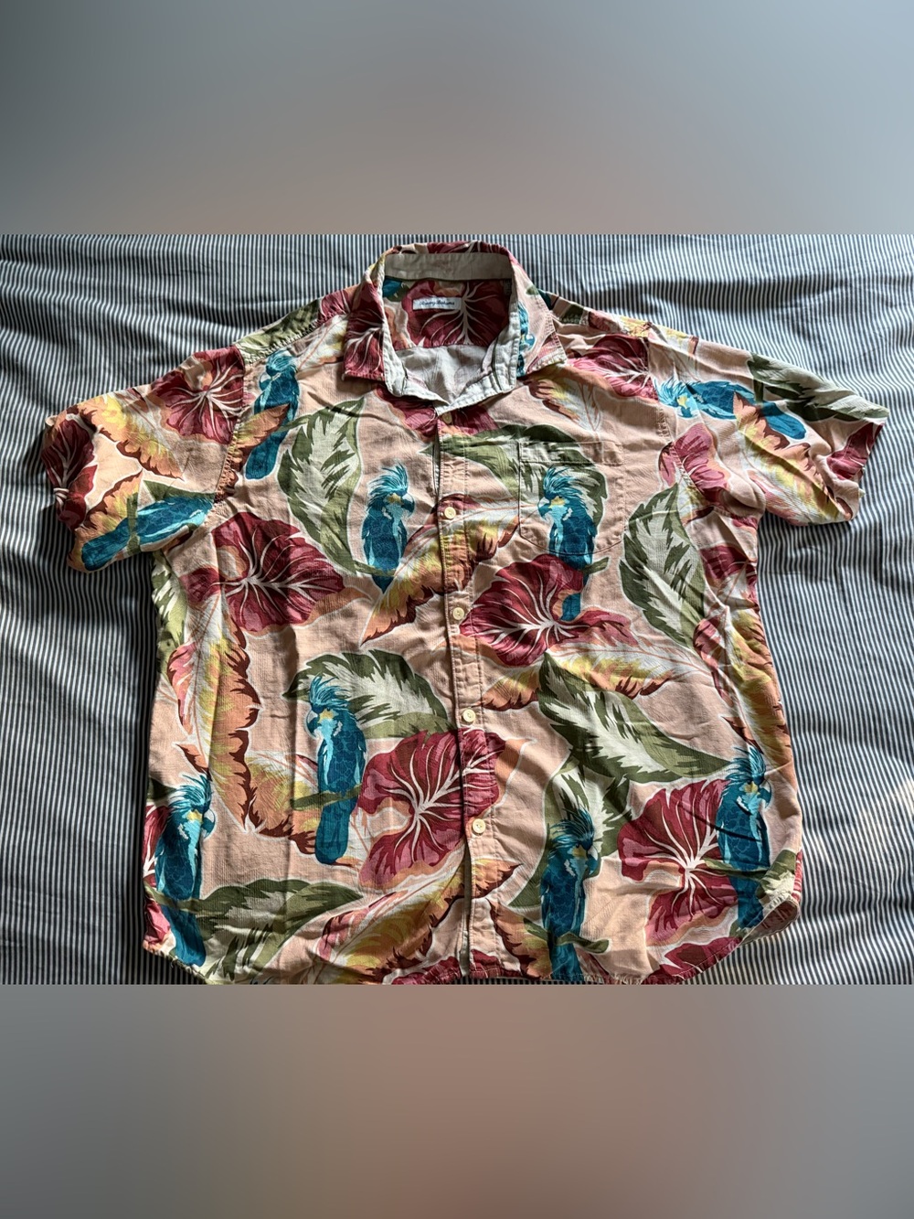 Tommy Bahama Peach Button-Up Shirt with Teal Parrot Print